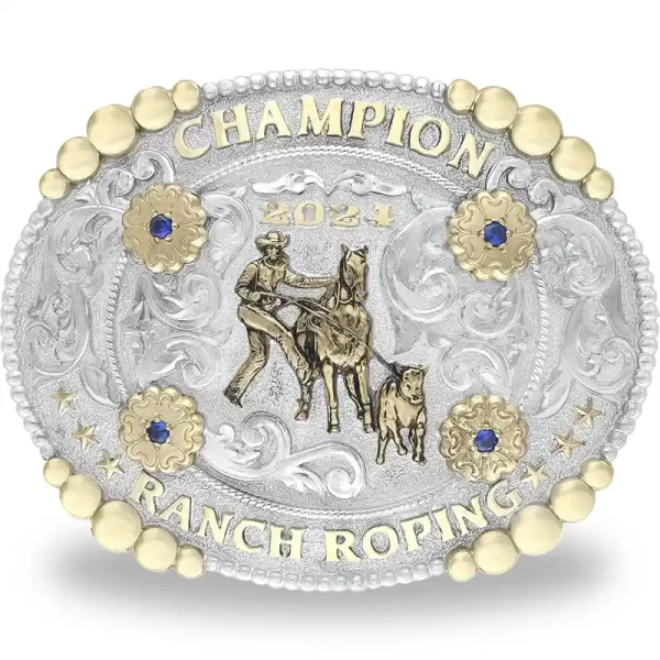 The premium College Station Belt Buckle is crafted from high-quality German Silver, featuring a beaded edge with Silver overlays and an inner rope edge border. Perfect for a rodeo belt buckle trophy with a shiny silver plate finish!